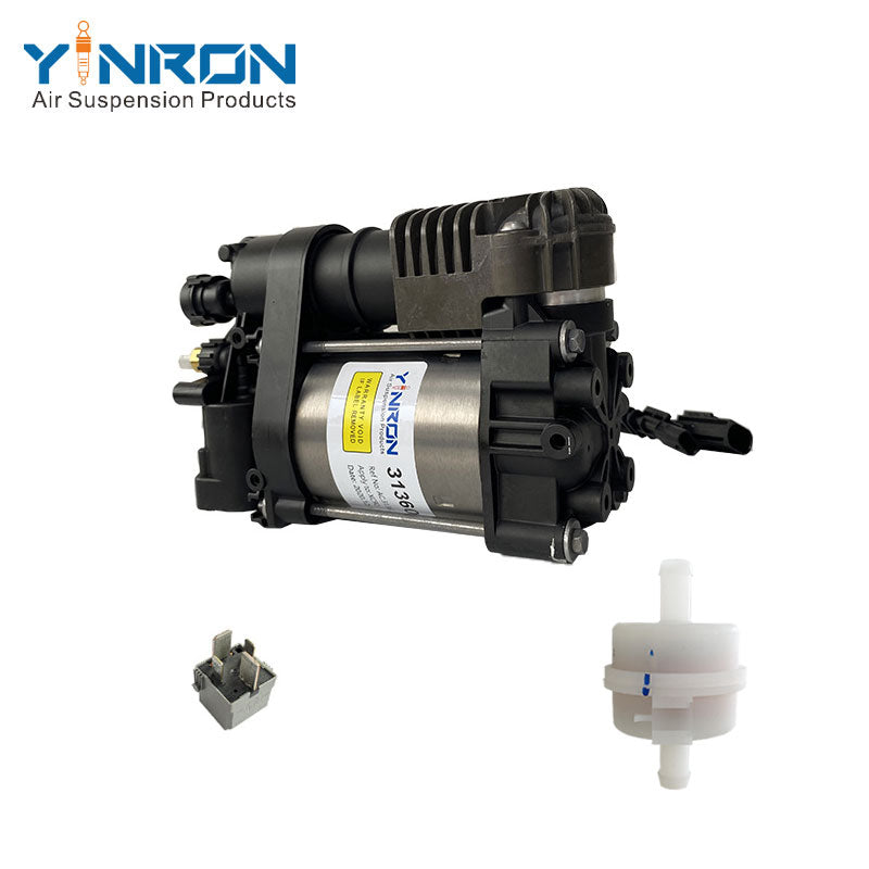 Main front view of air compressor pump for Volvo XC60 II, V90 Cross Country, S90L, V90, XC90 II, part number 32315091, including relay and air filter assembly