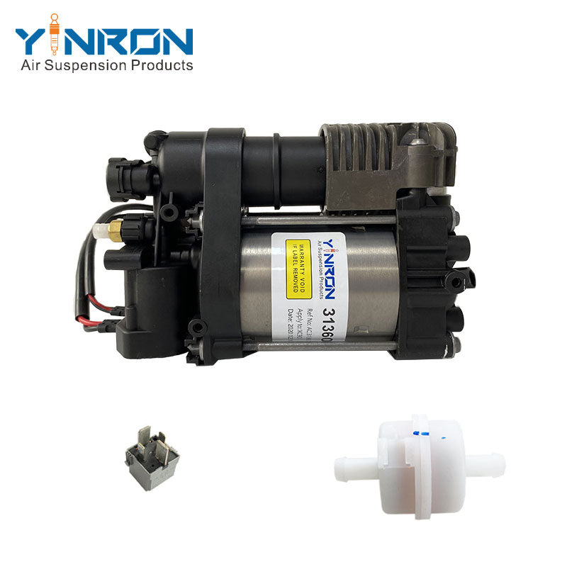 Top-down view of air compressor pump for Volvo XC60 II, V90 Cross Country, S90L, V90, XC90 II, part number 32315091, showing motor, pump housing, relay and air filter