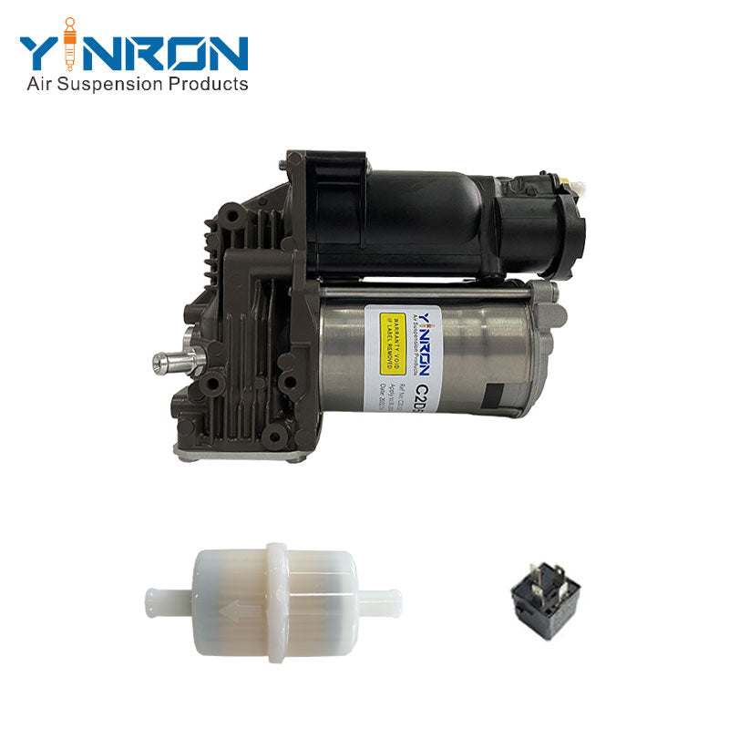 Horizontal vertical overhead view of Jaguar XJ X351 air suspension compressor pump C2D5825 with relay and air filter