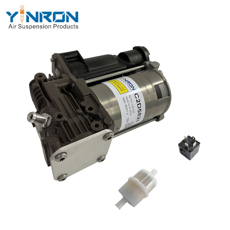 Full eye-level front view of Jaguar XJ X351 air suspension compressor pump C2D5825 with relay and air filter