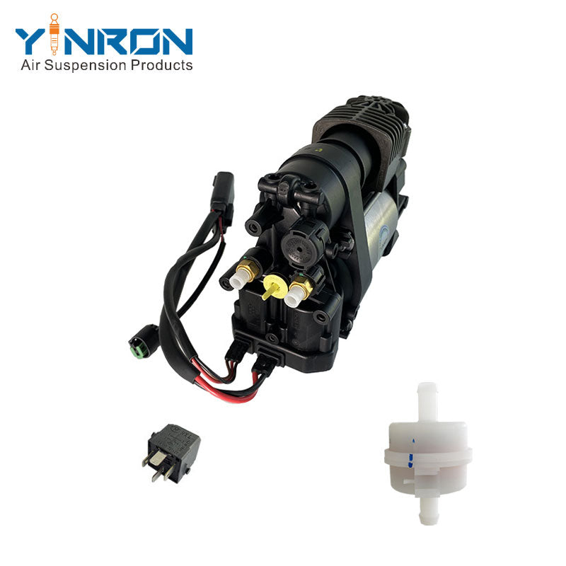 72 degree oblique perspective view of Jeep Grand Cherokee 68232648AA air suspension compressor pump with relay and air filter