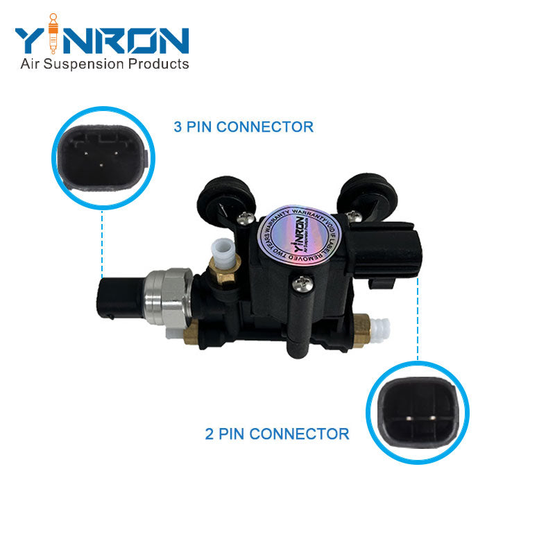 Main view with 3-pin and 2-pin connector details for Land Rover Discovery 4 Range Rover Sport air suspension valve block (RVH500070)