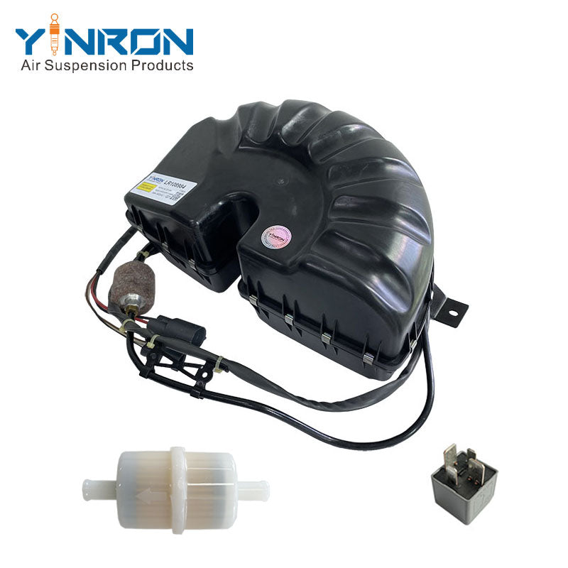 Full front view of Land Rover Range Rover L405 air suspension compressor pump (LR108984) with relay and air filter