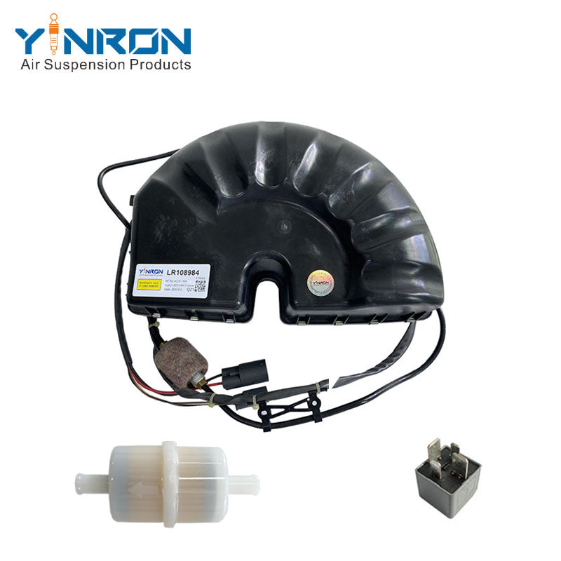 Top vertical view of Land Rover Range Rover L405 air suspension compressor pump (LR108984) with relay and air filter