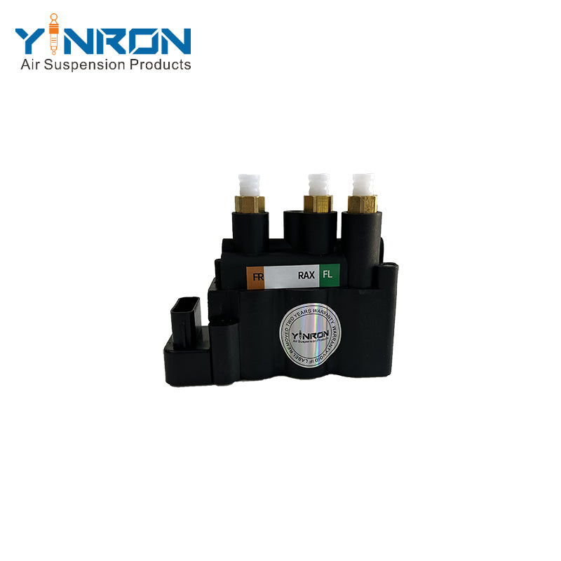 Rear flat view with airline port labels for Land Rover Range Rover L405 front air suspension valve block (LR037081)