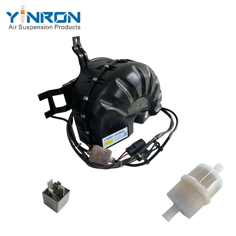 Side view of Land Rover Range Rover Sport L494 5-seater air suspension compressor pump LR108984 equipped with relay & air filter