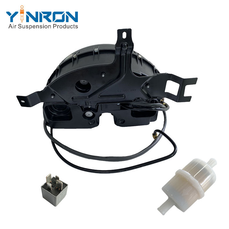 Top-down vertical view of Land Rover Range Rover Sport L494 7-seater air suspension compressor pump (LR108985) with Relay & Air Filter