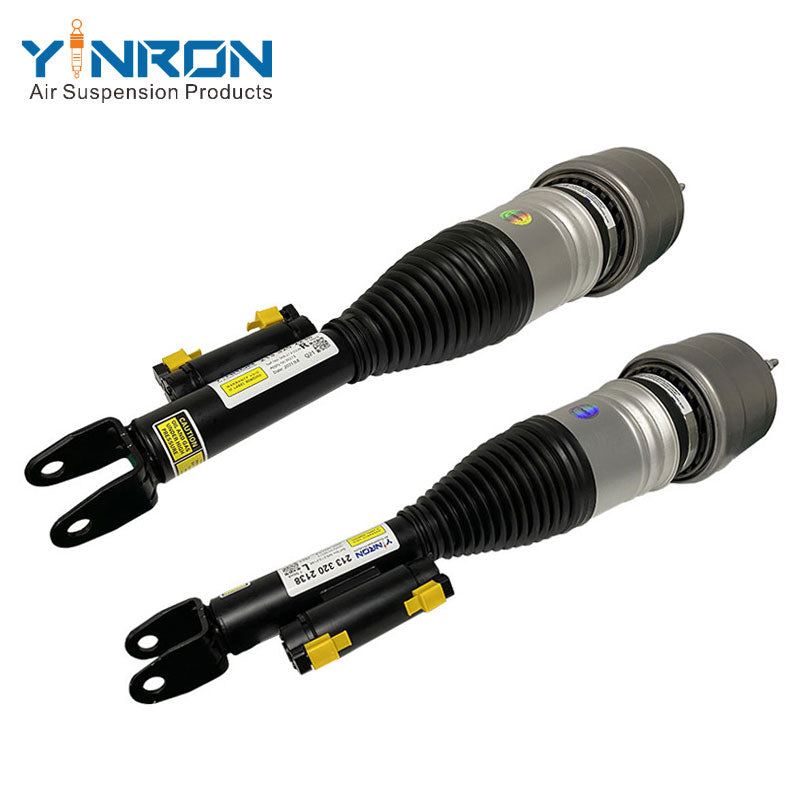 Isometric 3D view of Mercedes-Benz E-Class W213 front air suspension strut pair with ADS (A2133202138 & A2133202238)