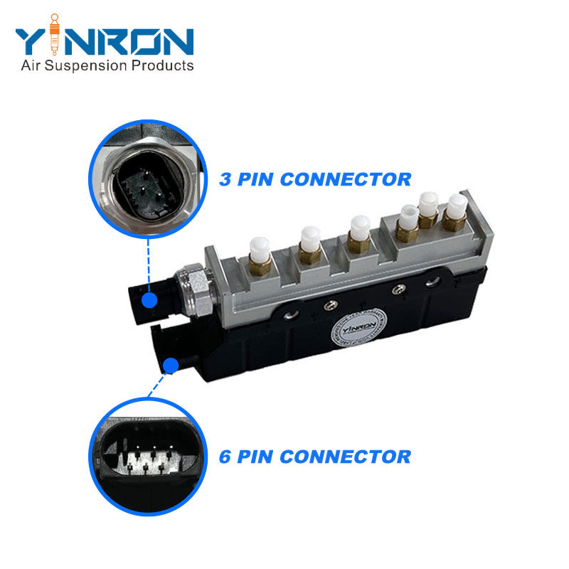Main view with 3-pin and 6-pin connector details for Mercedes-Benz S-Class W220 air suspension valve block (A2203200258)