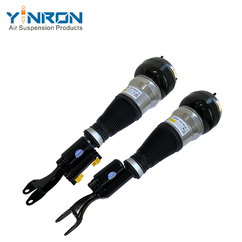 Detailed pair view showing the top mounts of Mercedes-Benz S-Class W222 4Matic front air suspension struts (A2223208113 & A2223208213)