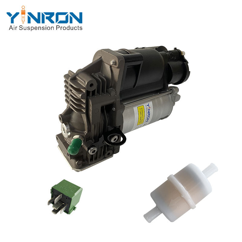 Eye level full view of Mercedes-Benz S Class W221 C216 air suspension compressor pump part number A2213200304 complete with relay and air filter