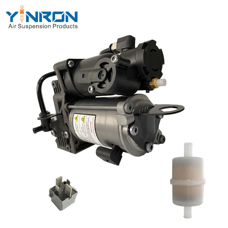 45 degree angle view of Mercedes-Benz S class W222 air suspension compressor pump (A0993200104) with Relay & Air Filter