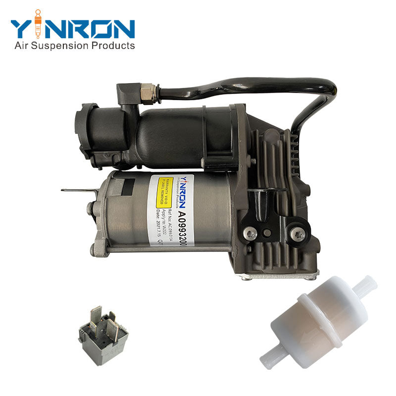 Full front view of Mercedes-Benz S class W222 air suspension compressor pump (A0993200104) with Relay & Air Filter