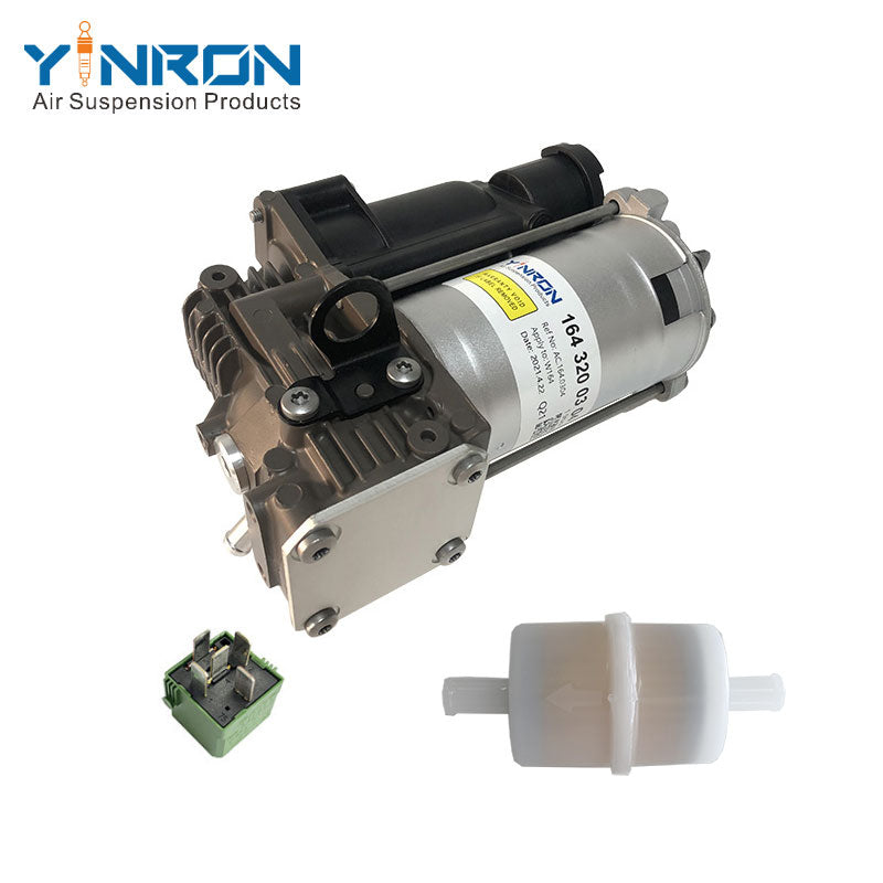 45‑degree angled view of Mercedes Benz ML W164 / GL X164 air suspension compressor pump (A1643200304) with relay and air filter