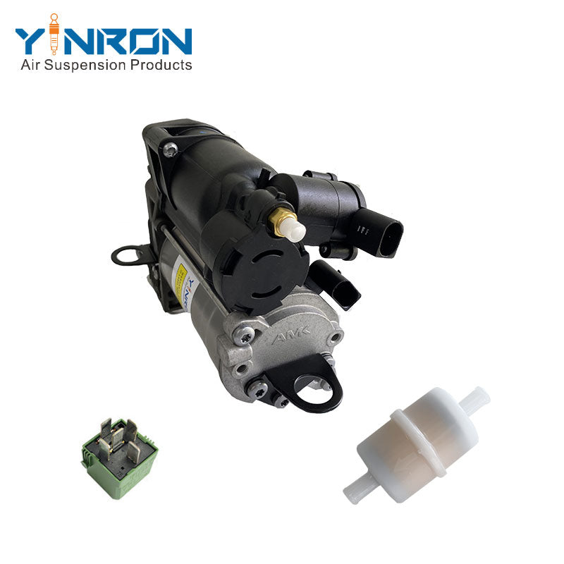 Side profile view of Mercedes Benz R Class W251 air suspension compressor A2513202704 with relay & air filter