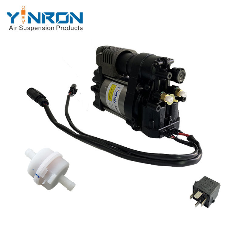 Left front 45 degree view for Porsche 92A Cayenne II 958 air suspension compressor pump with relay and air filter (95835890100)