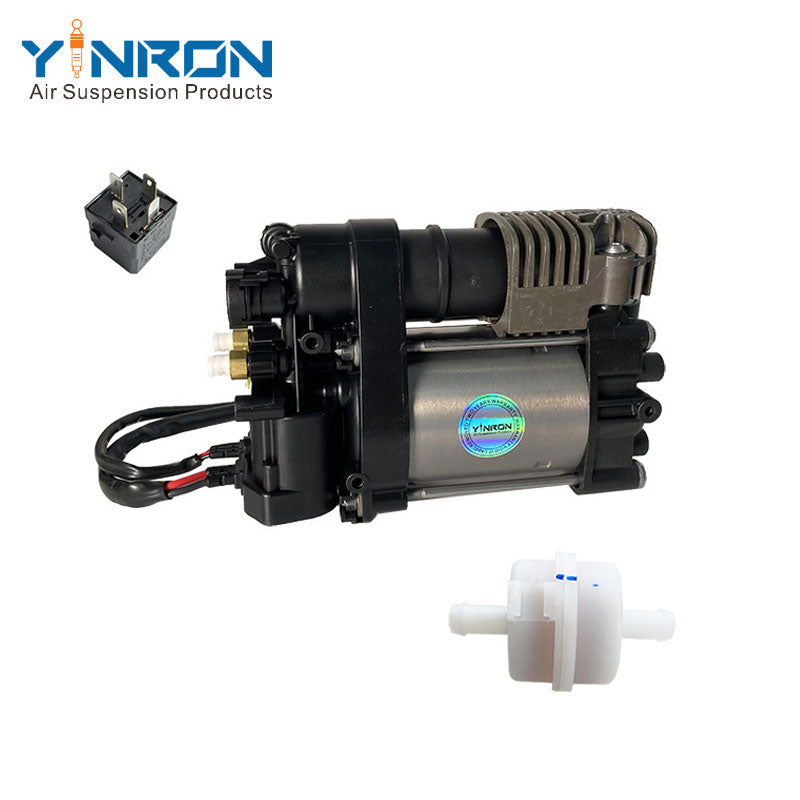 Rear flat view for Porsche 92A Cayenne II 958 air suspension compressor pump with relay and air filter (95835890100)