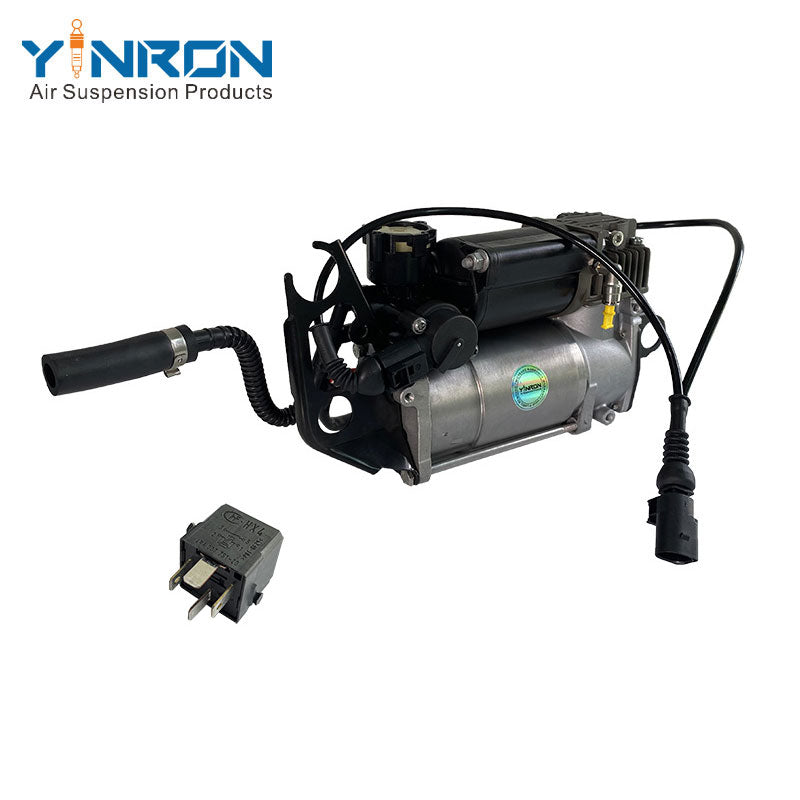 Rear left 45 degree overhead view for Porsche Cayenne 955 air suspension compressor pump with relay (95535890101 and 95535890102)