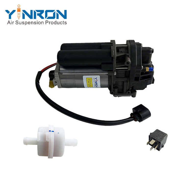 Front flat view for Porsche Cayenne III 9YA air suspension compressor pump with relay and air filter (95861600700, 4M0616005F)