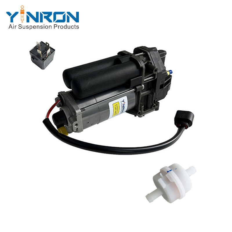 Front right 45 degree view for Porsche Cayenne III 9YA air suspension compressor pump with relay and air filter (95861600700 and 4M0616005F)