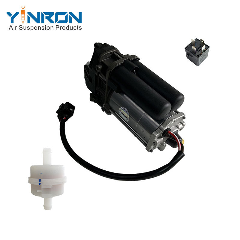 Rear left 45 degree overhead view for Porsche Cayenne III 9YA air suspension compressor pump with relay and air filter (95861600700 and 4M0616005F)