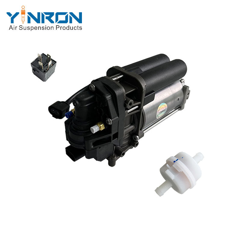 Rear right 45 degree overhead view for Porsche Cayenne III 9YA air suspension compressor pump with relay and air filter (95861600700 and 4M0616005F)