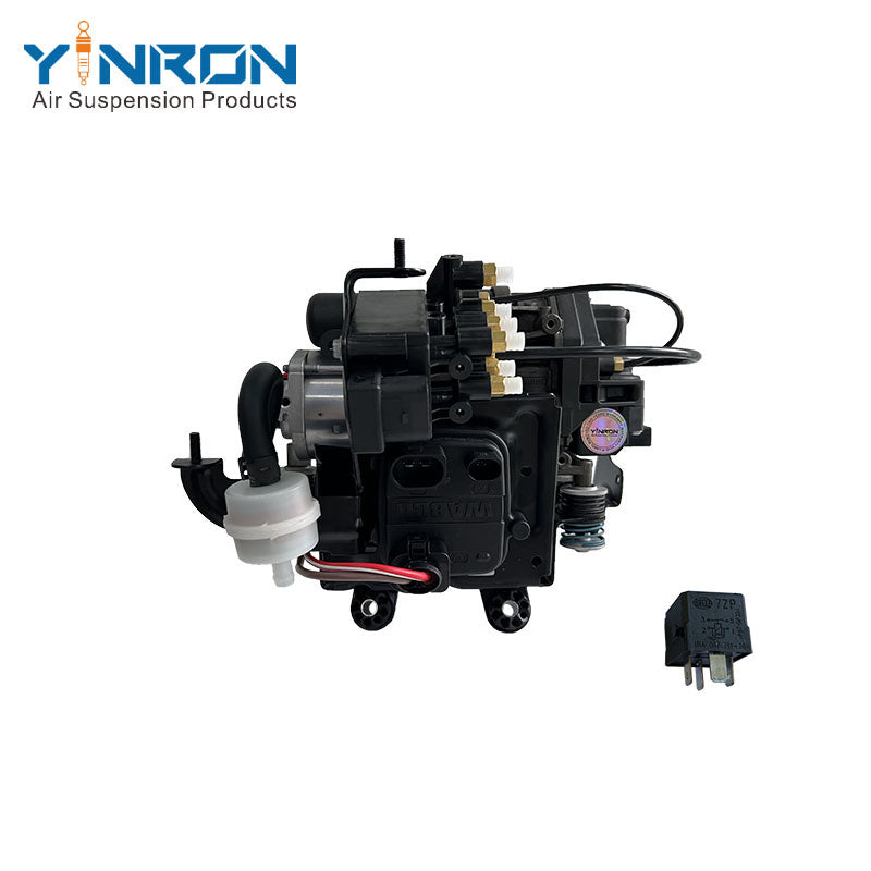 Bottom view for Porsche Cayenne III 9YA air suspension compressor pump assembly with relay, air filter, bracket and valve block (95861600700)