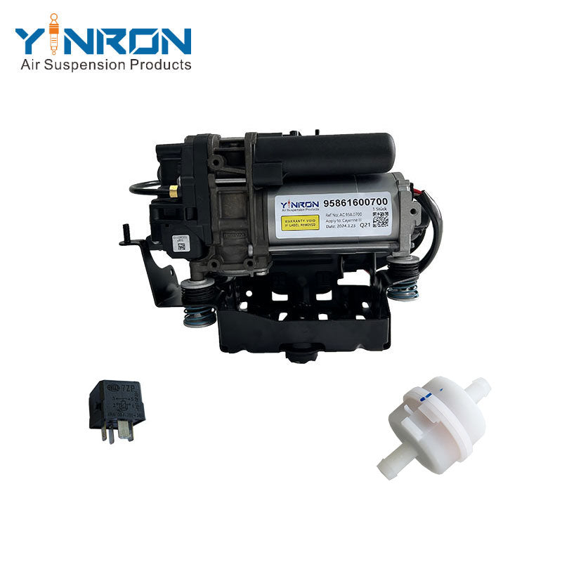 Front flat view for Porsche Cayenne III 9YA air suspension compressor pump assembly with relay, air filter, bracket and valve block (95861600700)