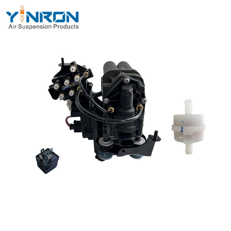 Left side flat view for Porsche Cayenne III 9YA air suspension compressor pump assembly with relay, air filter, bracket and valve block (95861600700)