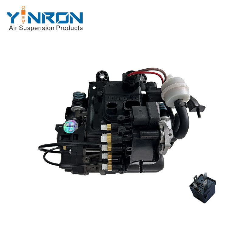 Top down view for Porsche Cayenne III 9YA air suspension compressor pump assembly with relay, air filter, bracket and valve block (95861600700)