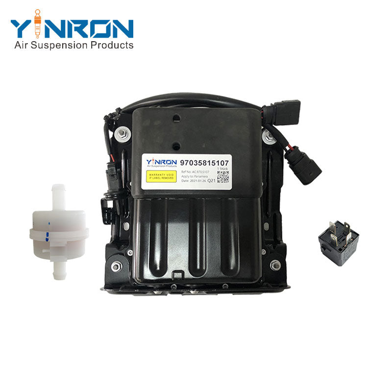 Front flat view for Porsche Panamera 970 air suspension compressor pump assembly with shield complete with relay and air filter (97035815107 and 97035815108)