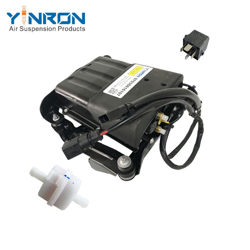 Left side flat view for Porsche Panamera 970 air suspension compressor pump assembly with shield complete with relay and air filter (97035815107 and 97035815108)