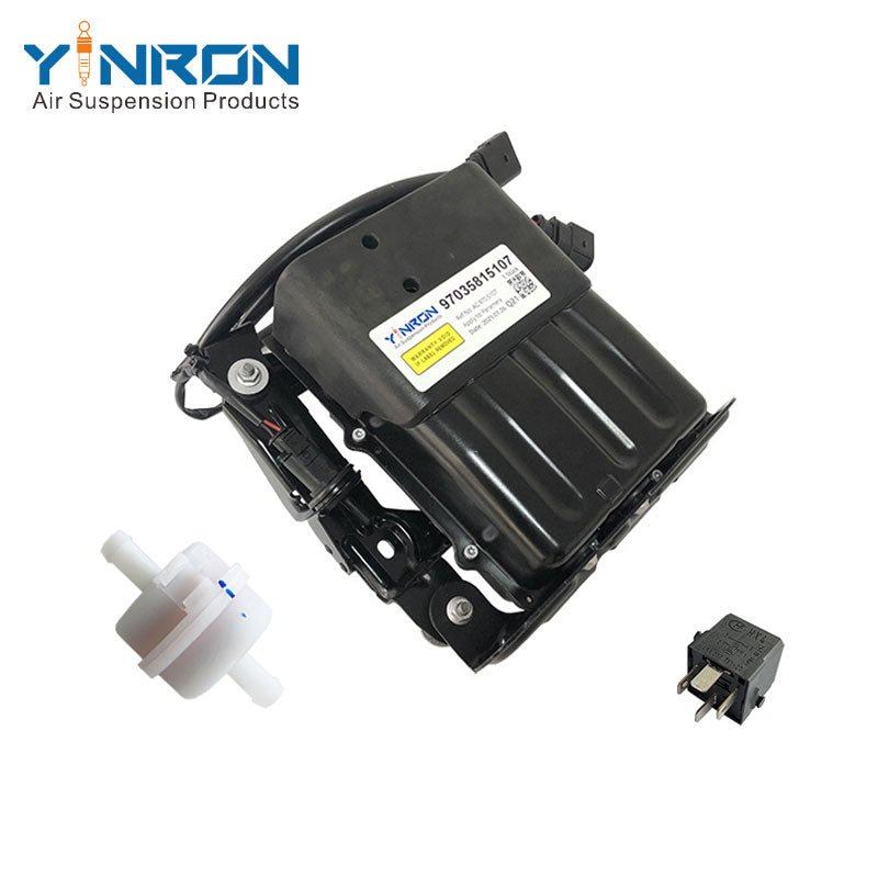 Top down view for Porsche Panamera 970 air suspension compressor pump assembly with shield complete with relay and air filter (97035815107 and 97035815108)