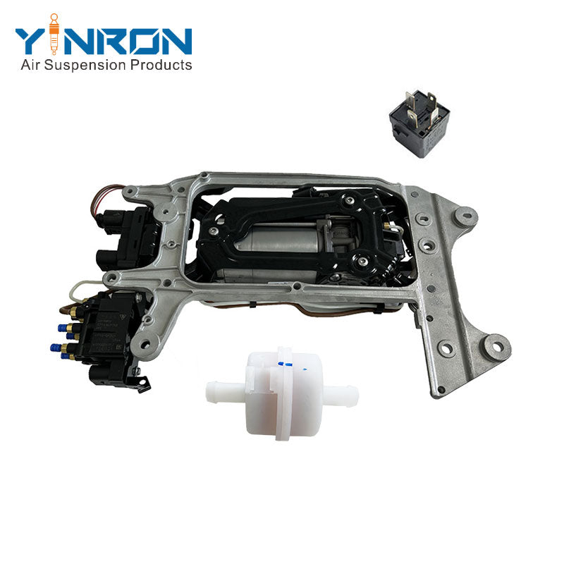 Bottom bracket detail view for Porsche Panamera 971 air suspension compressor pump assembly with relay and air filter and bracket and valve block (971616006B and 971616006E)