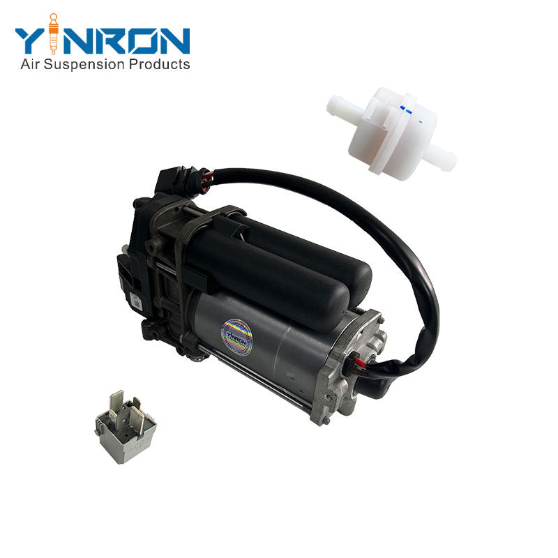 Left rear 45 degree top view for Tesla Model S 5YJS air suspension compressor pump with relay and air filter (1027911-00-H and 4154065000)