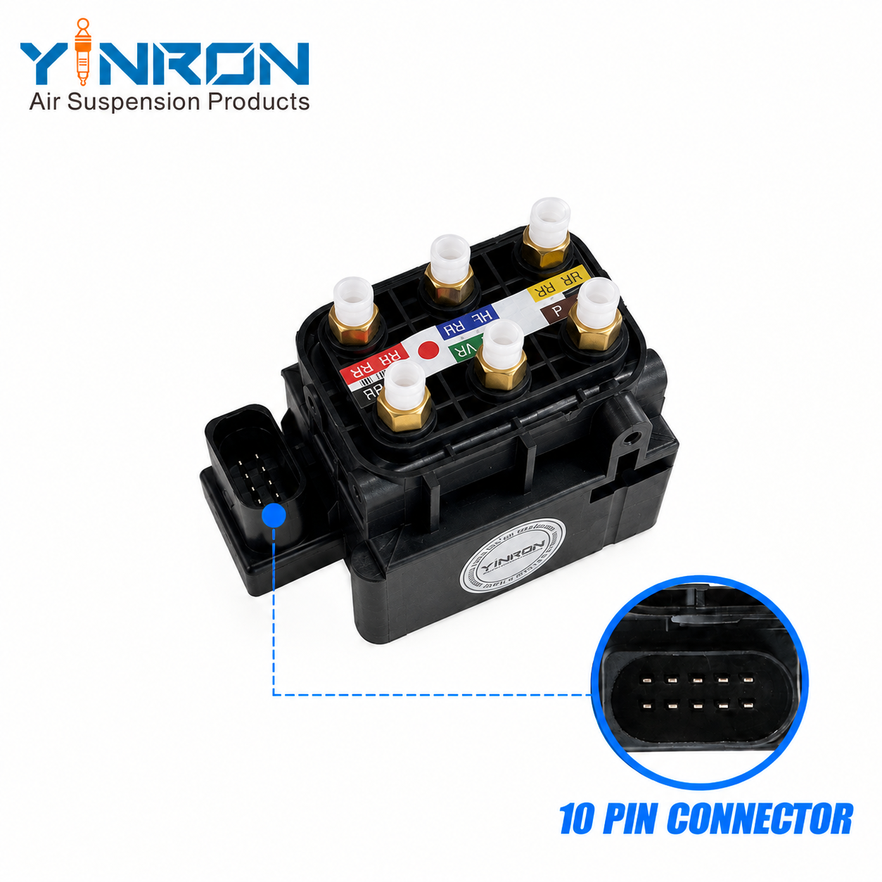 Front isometric view with 10-pin connector callout for Volkswagen Phaeton 3D0 air suspension valve block (3D0616013B)
