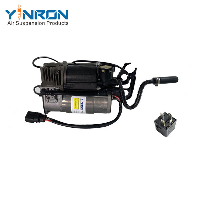 Front flat view for Volkswagen Touareg I 7L air suspension compressor pump with relay (7L0698007A and 7L0698007B)