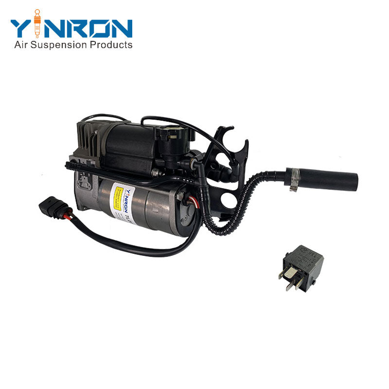 Left front 45 degree view for Volkswagen Touareg I 7L air suspension compressor pump with relay (7L0698007A and 7L0698007B)