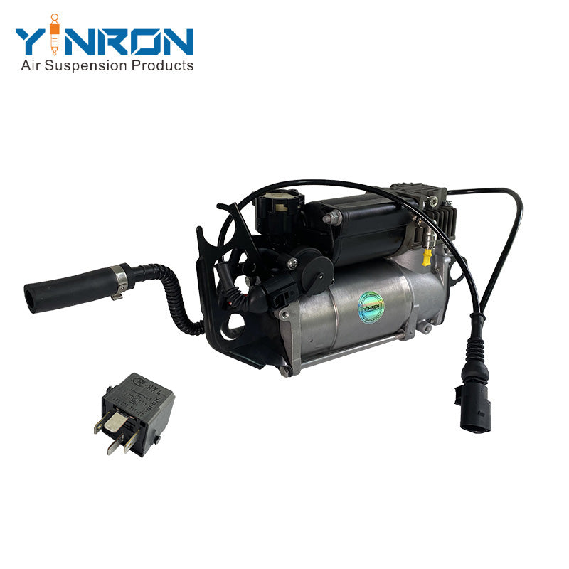 Left rear 45 degree top view for Volkswagen Touareg I 7L air suspension compressor pump with relay (7L0698007A and 7L0698007B)