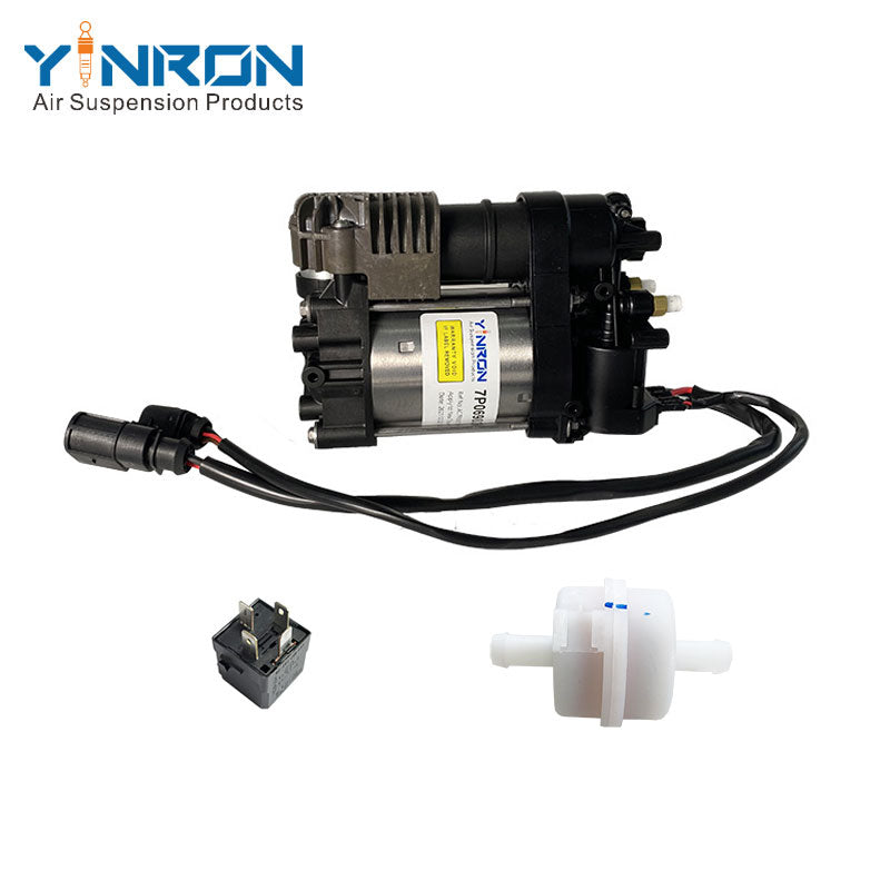 Front flat view for Volkswagen Touareg II 7P air suspension compressor pump with relay and air filter (7P0698007 and 7P0698007A)