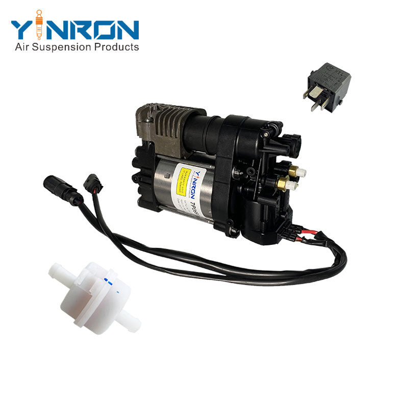 Left front 45 degree view for Volkswagen Touareg II 7P air suspension compressor pump with relay and air filter (7P0698007 and 7P0698007A)