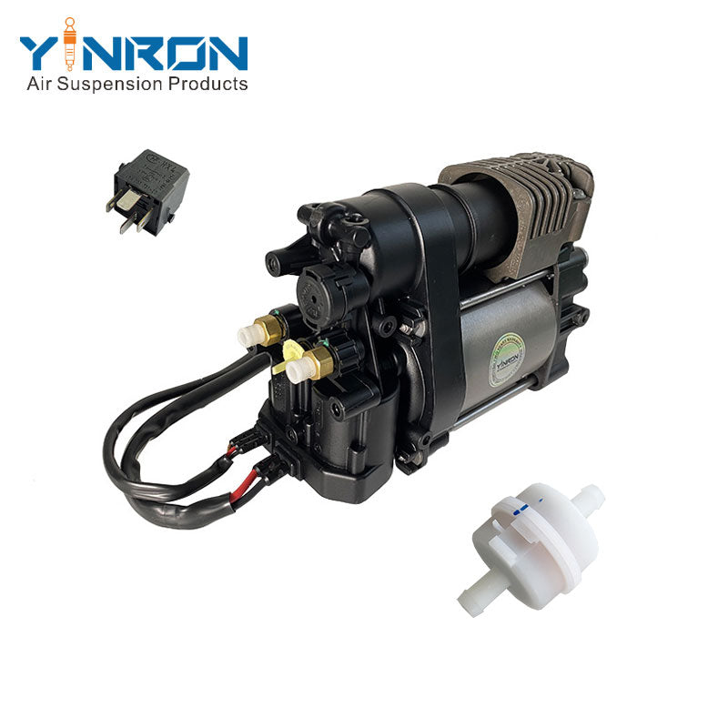Left rear 45 degree top view for Volkswagen Touareg II 7P air suspension compressor pump with relay and air filter (7P0698007 and 7P0698007A)