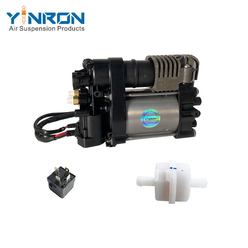 Rear flat view for Volkswagen Touareg II 7P air suspension compressor pump with relay and air filter (7P0698007 and 7P0698007A)
