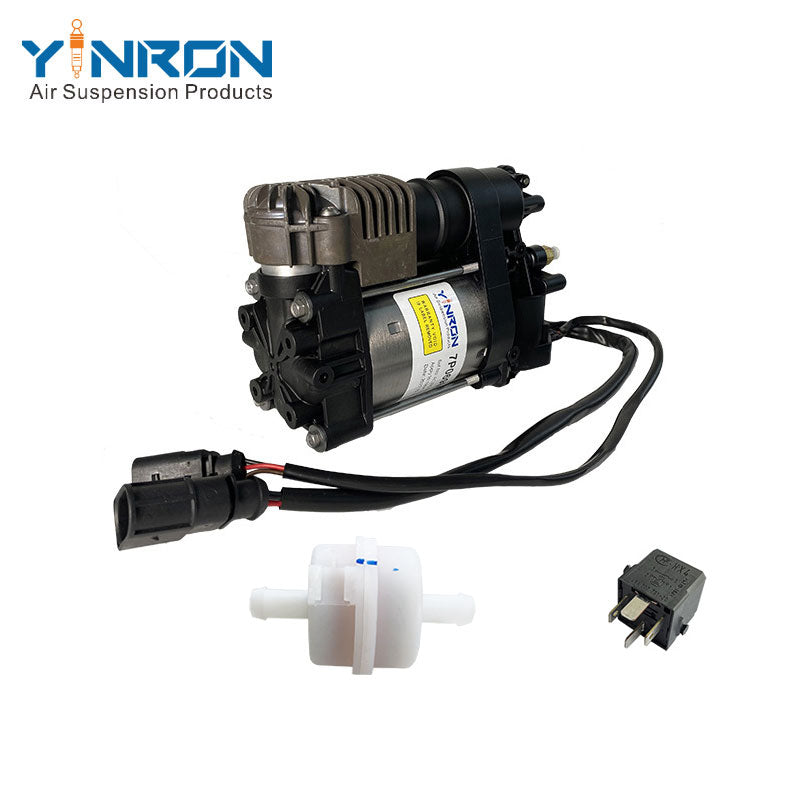 Right front 45 degree view for Volkswagen Touareg II 7P air suspension compressor pump with relay and air filter (7P0698007 and 7P0698007A)