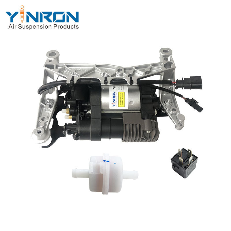 Front view for Volkswagen Touareg II 7P air suspension compressor pump with bracket with relay and air filter (7P0698007 and 7P0698007A)