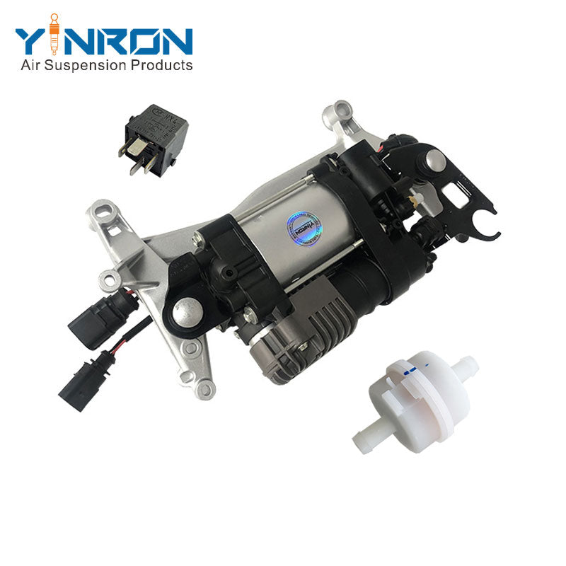 Rear top view for Volkswagen Touareg II 7P air suspension compressor pump with bracket with relay and air filter (7P0698007 and 7P0698007A)