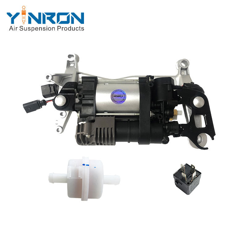 Top down view for Volkswagen Touareg II 7P air suspension compressor pump with bracket with relay and air filter (7P0698007 and 7P0698007A)