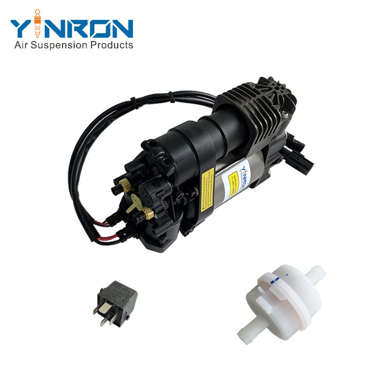 Side profile view of Volvo XC60 II XC90 II air compressor pump 31360720 complete with relay and air filter assembly