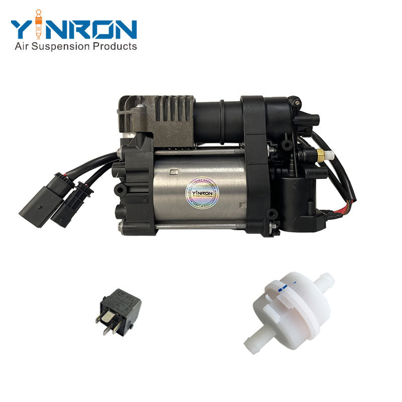 Vertical top down overhead view of Volvo air suspension compressor pump 31360720 with relay and air filter for XC60 II, XC90 II, V90, V90 Cross Country, S90L
