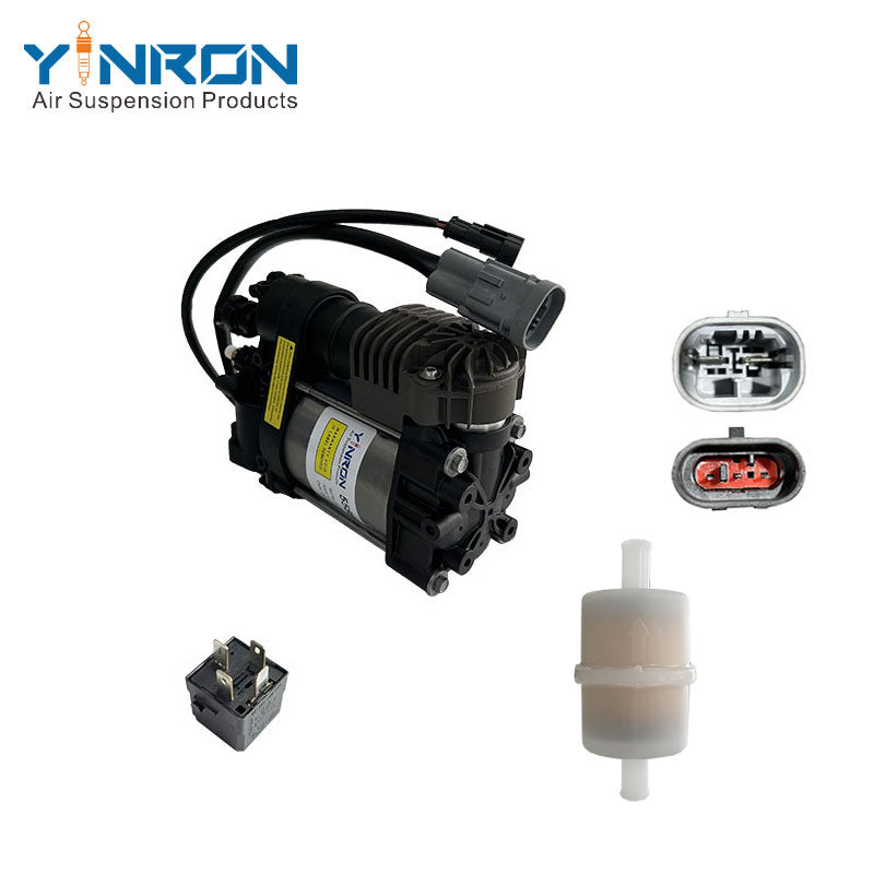 Full 45-degree angled perspective view of Air Compressor Pump for Hyundai Equus / Genesis / Centennial - 558803N000 (with relay & Air Filter)